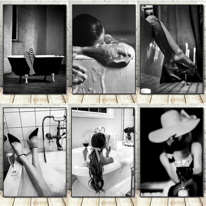Vintage Fashion Posters - Black and White Woman Bathroom Canvas