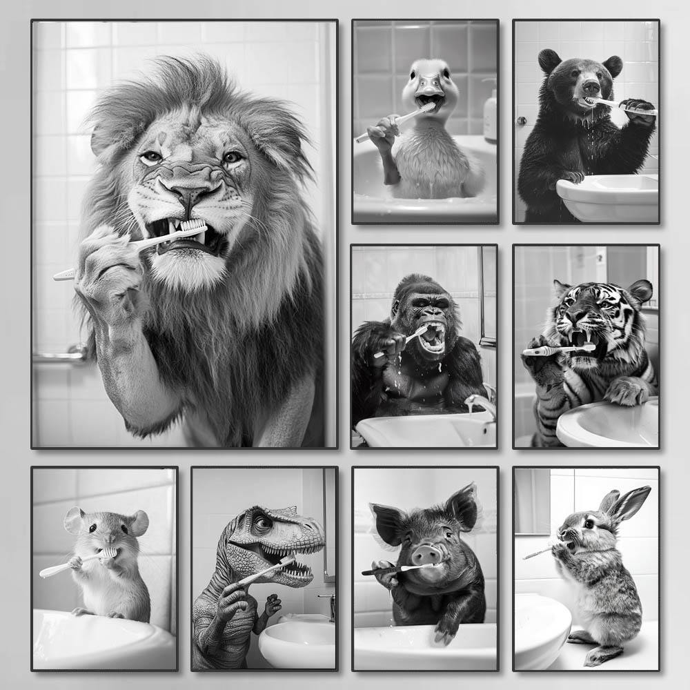 Vintage Fashion Posters - Black White Funny Bathroom Brushing Teeth