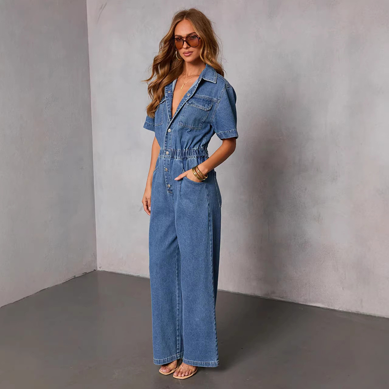 Vintage Fashion Jeans - Retro Fashion Short Sleeve Denim Jumpsuits