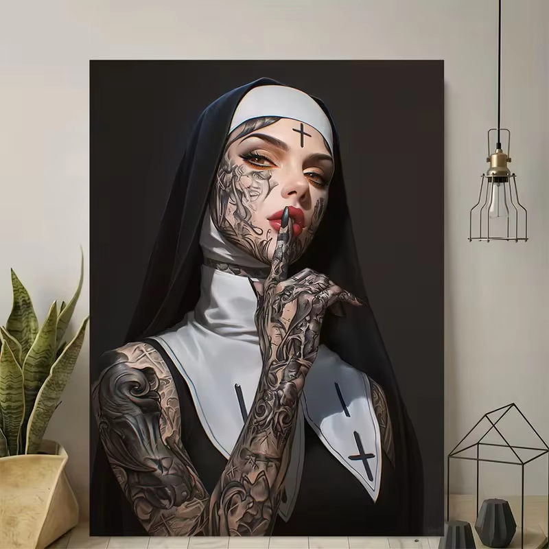 Fashion Girl Tattoo Nun Canvas - Vintage Fashion Posters recension och pris
